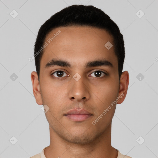 Neutral latino young-adult male with short  black hair and brown eyes