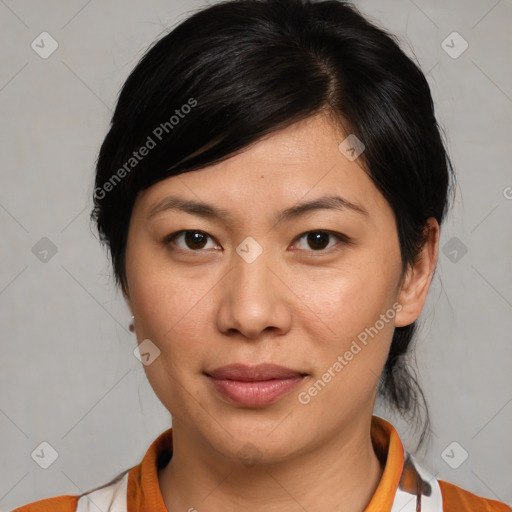 Joyful white young-adult female with medium  brown hair and brown eyes