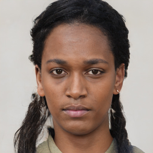 Neutral black young-adult female with long  black hair and brown eyes
