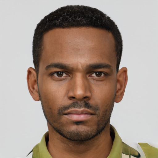 Neutral black young-adult male with short  black hair and brown eyes