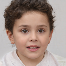 Joyful white child female with short  brown hair and brown eyes