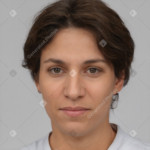 Neutral white young-adult female with short  brown hair and brown eyes