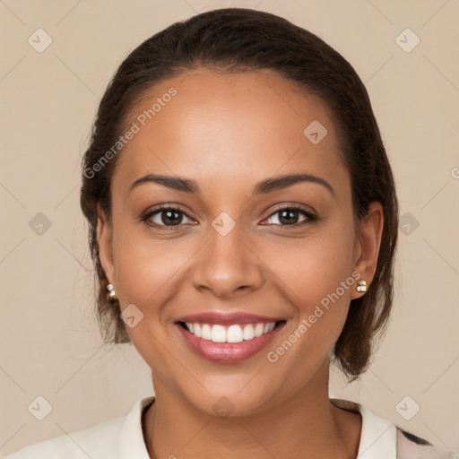 Joyful white young-adult female with medium  brown hair and brown eyes