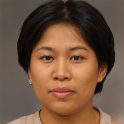 Joyful asian adult female with medium  brown hair and brown eyes