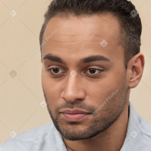 Neutral white young-adult male with short  brown hair and brown eyes