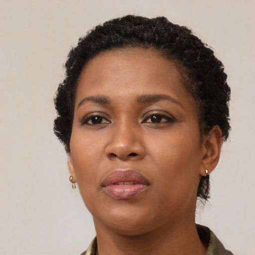 Neutral black young-adult female with short  brown hair and brown eyes