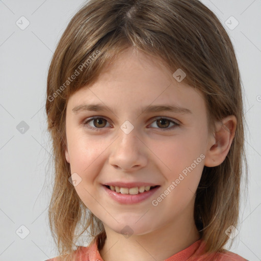 Joyful white child female with medium  brown hair and brown eyes