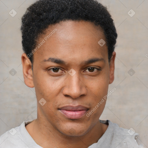 Joyful black young-adult male with short  brown hair and brown eyes