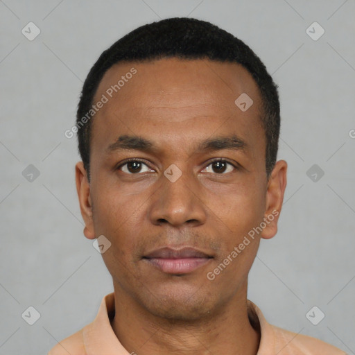 Neutral black young-adult male with short  black hair and brown eyes