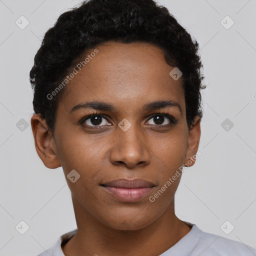 Neutral black young-adult female with short  brown hair and brown eyes