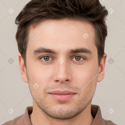 Neutral white young-adult male with short  brown hair and brown eyes