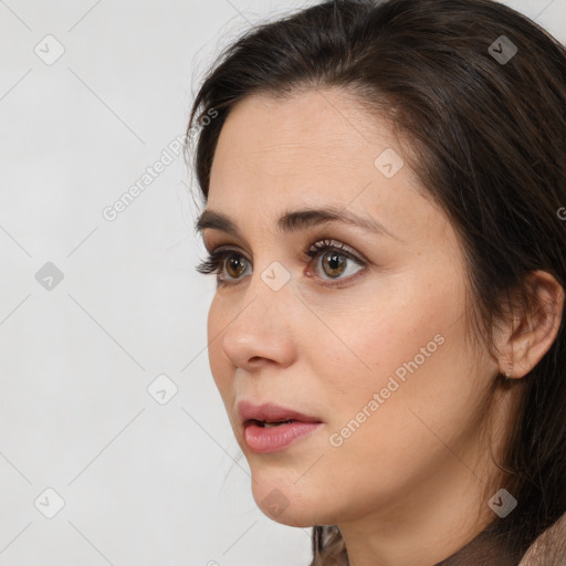 Neutral white young-adult female with medium  brown hair and brown eyes