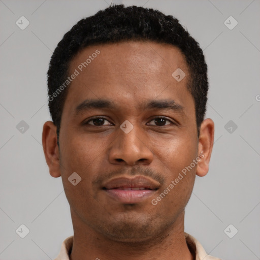 Neutral latino young-adult male with short  brown hair and brown eyes