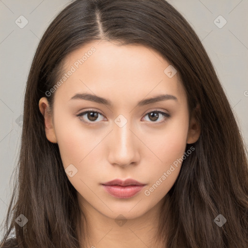 Neutral white young-adult female with long  brown hair and brown eyes