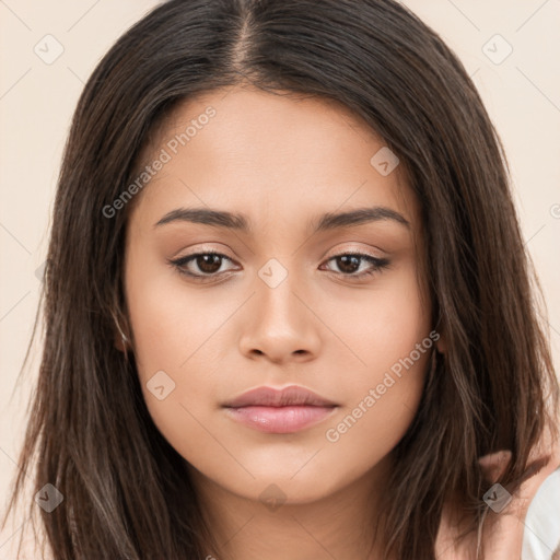 Neutral white young-adult female with long  brown hair and brown eyes