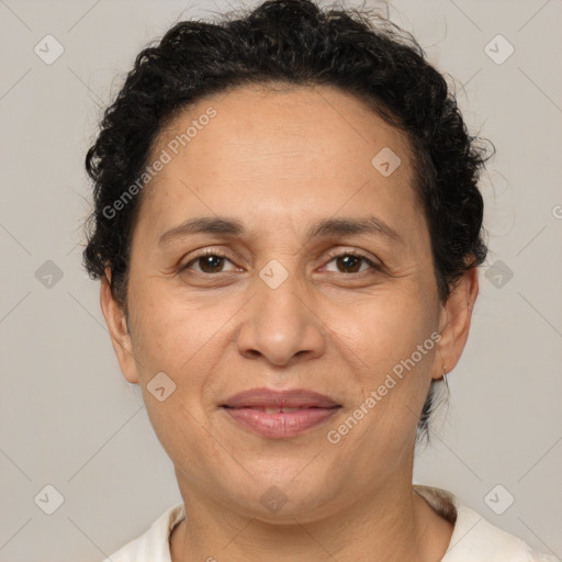 Joyful white adult female with short  brown hair and brown eyes