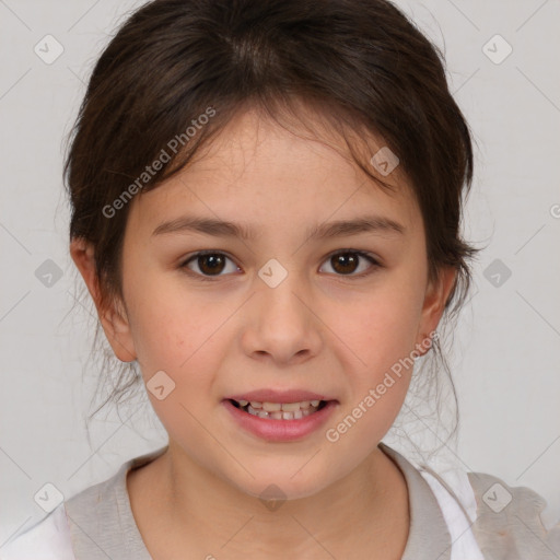 Joyful white child female with medium  brown hair and brown eyes