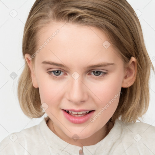 Joyful white child female with medium  brown hair and brown eyes