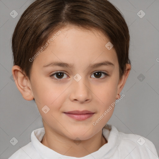 Joyful white child female with short  brown hair and brown eyes