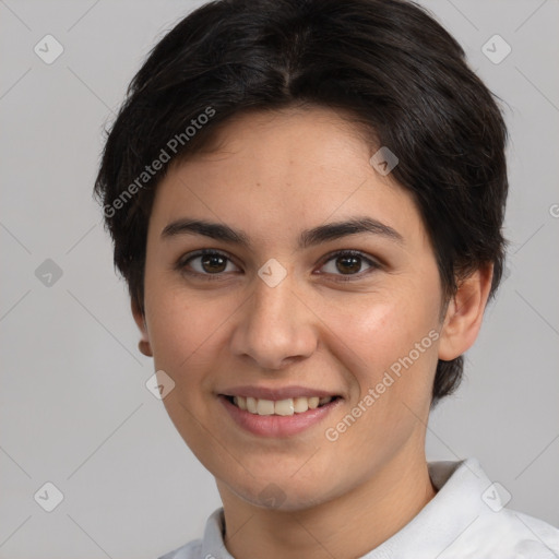 Joyful white young-adult female with short  brown hair and brown eyes