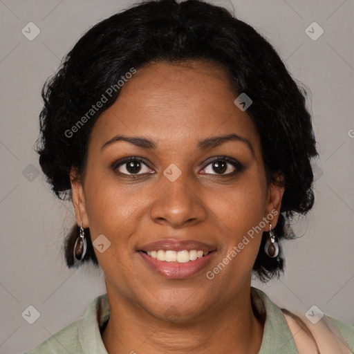 Joyful black young-adult female with medium  black hair and brown eyes