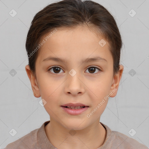 Joyful white child female with short  brown hair and brown eyes