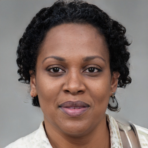 Joyful black adult female with short  brown hair and brown eyes