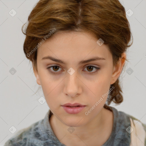 Neutral white young-adult female with medium  brown hair and brown eyes