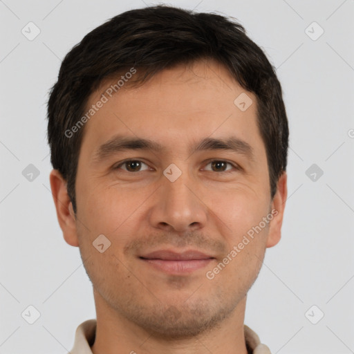 Joyful white young-adult male with short  brown hair and brown eyes