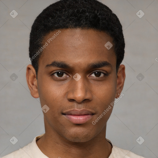 Neutral black young-adult male with short  black hair and brown eyes