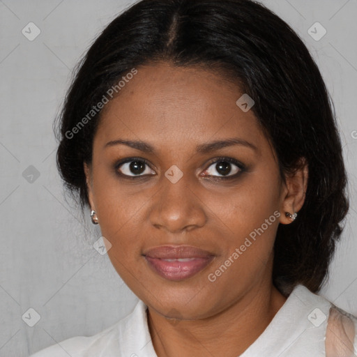 Joyful black young-adult female with medium  brown hair and brown eyes