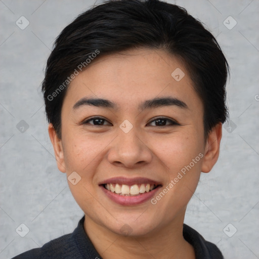 Joyful asian young-adult female with short  brown hair and brown eyes