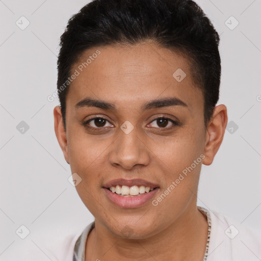 Joyful white young-adult female with short  brown hair and brown eyes