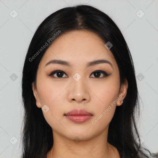 Neutral asian young-adult female with long  black hair and brown eyes