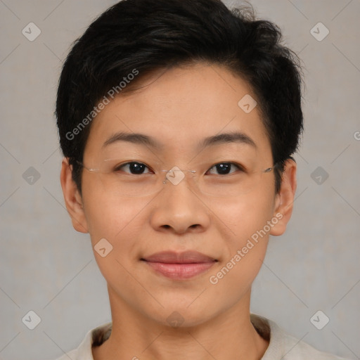 Joyful asian young-adult female with short  brown hair and brown eyes