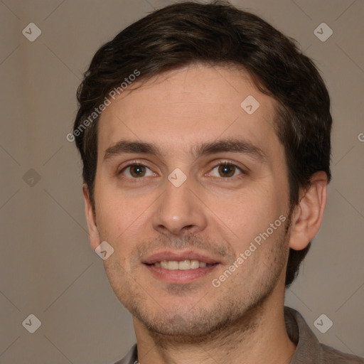 Joyful white young-adult male with short  brown hair and brown eyes