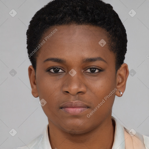 Neutral black young-adult female with short  brown hair and brown eyes