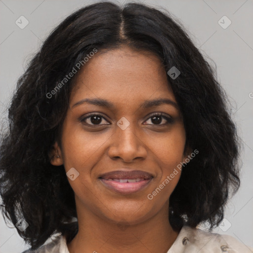 Joyful black young-adult female with medium  brown hair and brown eyes