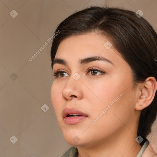 Neutral white young-adult female with medium  brown hair and brown eyes