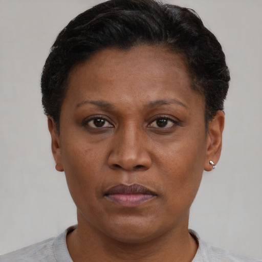 Neutral black adult female with short  brown hair and brown eyes