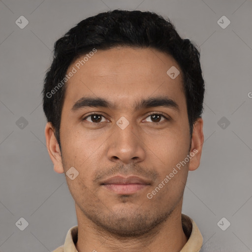 Neutral latino young-adult male with short  black hair and brown eyes