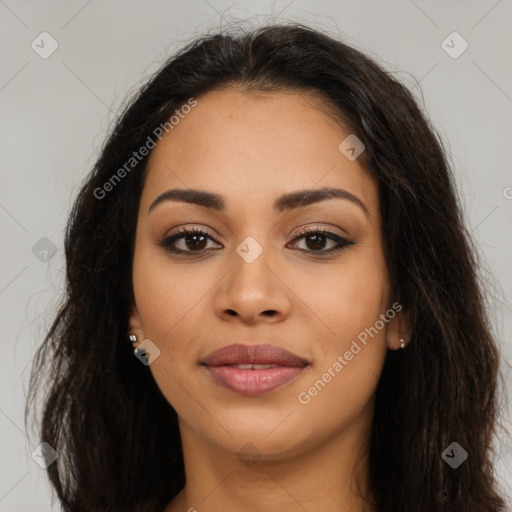 Joyful latino young-adult female with long  brown hair and brown eyes