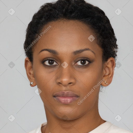 Neutral black young-adult female with short  black hair and brown eyes