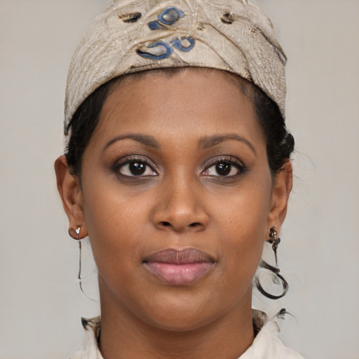 Joyful black young-adult female with medium  brown hair and brown eyes