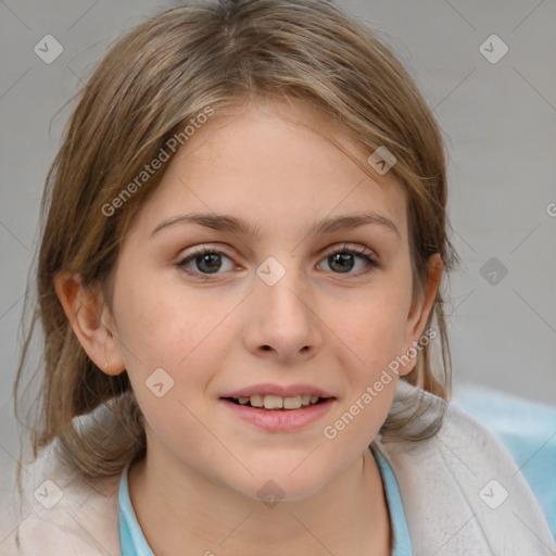 Joyful white child female with medium  brown hair and brown eyes