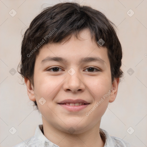 Joyful white child male with short  brown hair and brown eyes