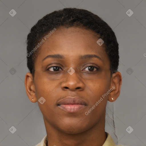 Neutral black young-adult female with short  brown hair and brown eyes