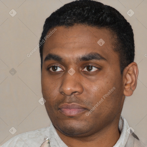 Neutral black young-adult male with short  black hair and brown eyes