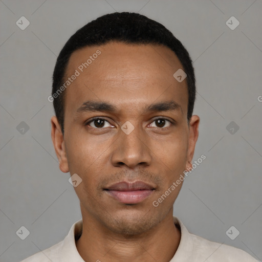 Neutral latino young-adult male with short  black hair and brown eyes