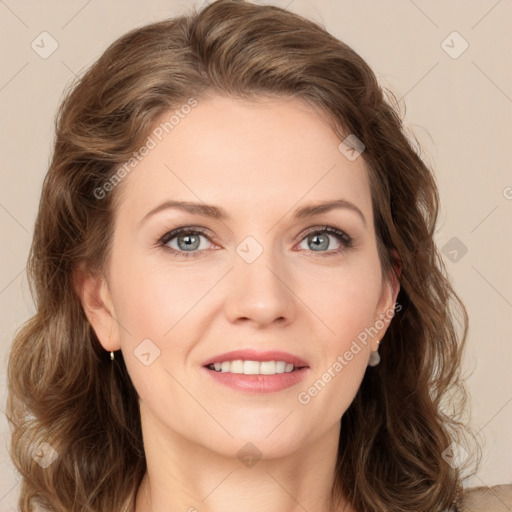 Joyful white young-adult female with long  brown hair and green eyes